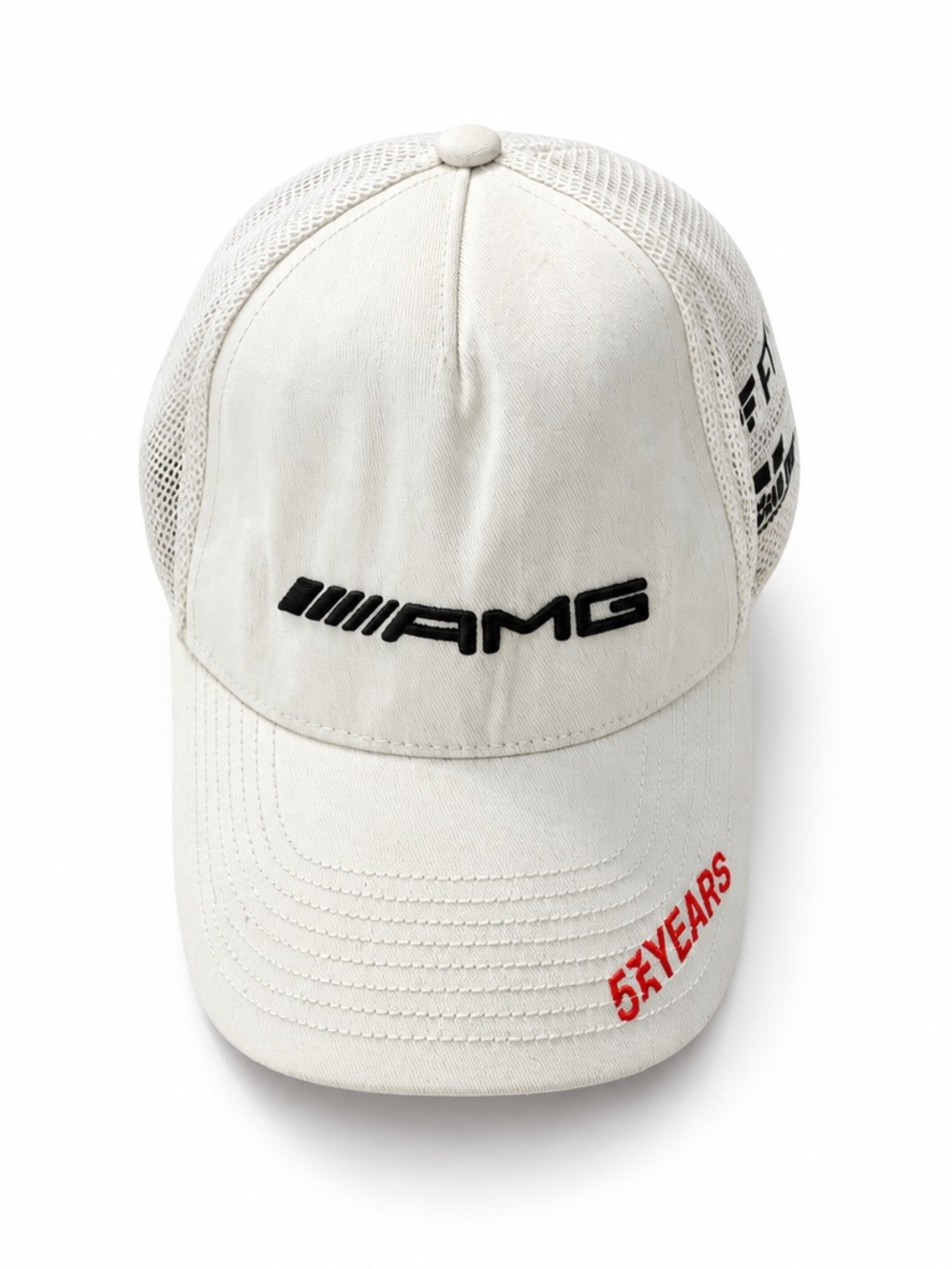Mercedes AMG Petronas Off-White Mesh Trucker Cap with Black Logo and Red Accent